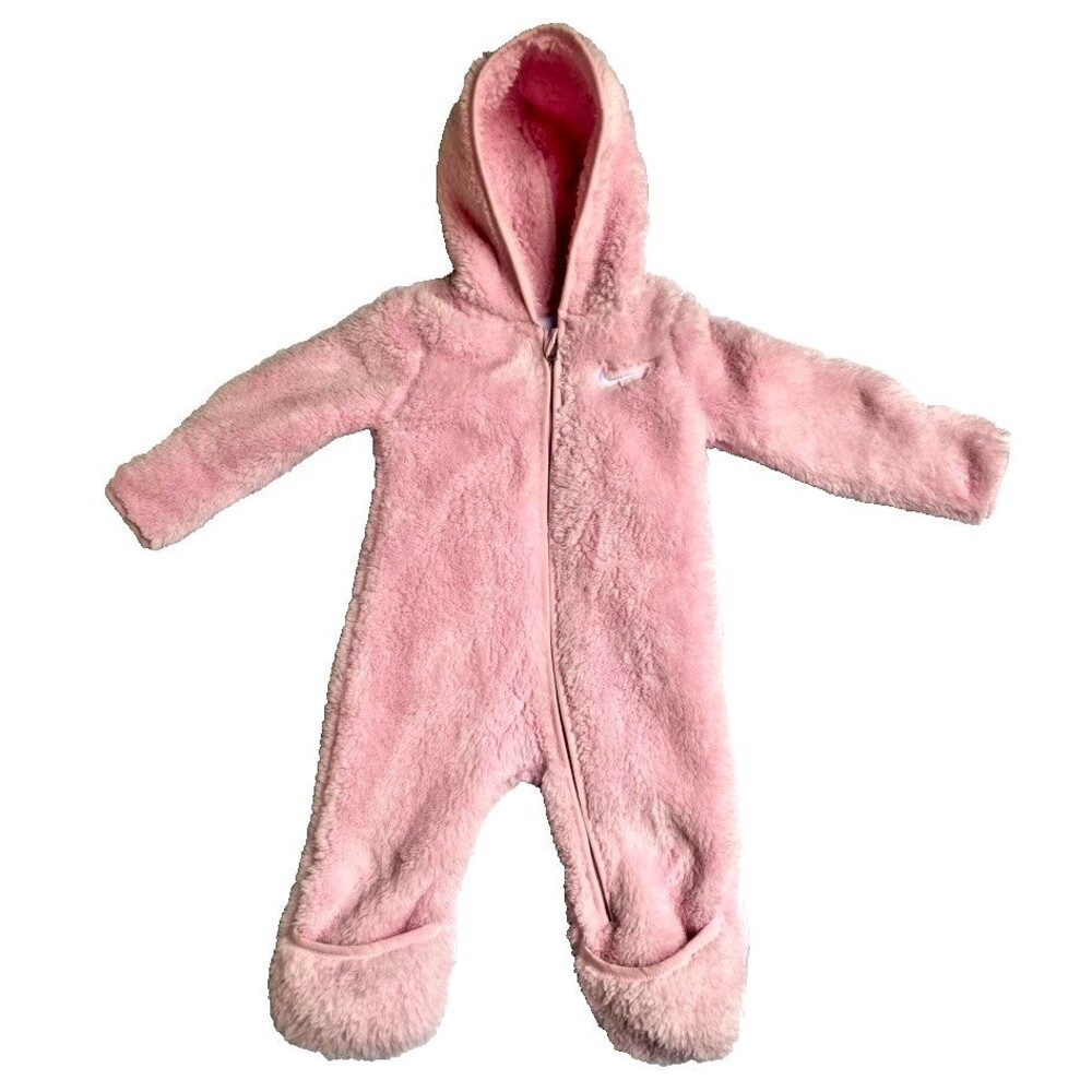 Nike Coverall Baby 9M Pink Sherpa Fleece Hooded Warm Winter Plush Suit Full Zip